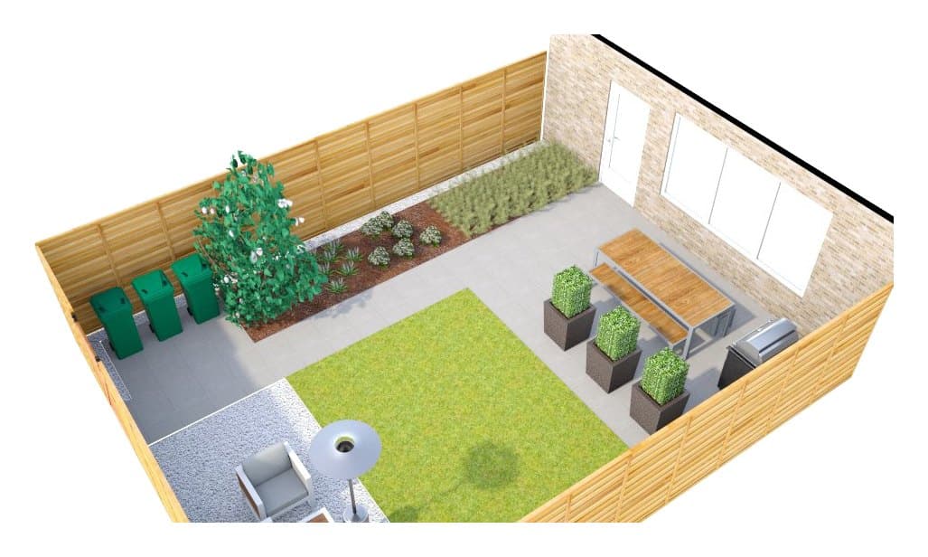 Achtertuin met bestrating (70 m²): 3d-beeld